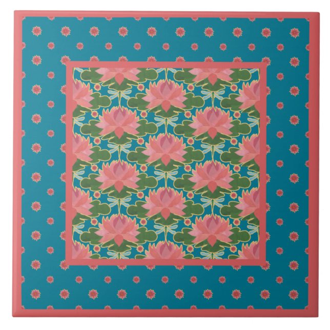 Rosa Wasser-Lilien, blaue Libellen: Keramik-Fliese Fliese (Vorderseite)