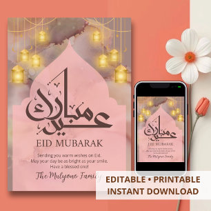 Rosa Wasserfarbe Alkohol-Tinte Eid Mubarak Karte
