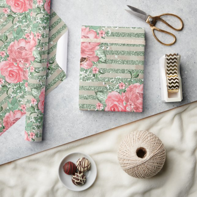 Rosa Wasserfarbe auf grünem Glitzer Streifen Geschenkpapier (Kunsthandwerk)
