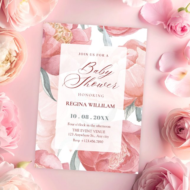 Rosa Wasserfarbe Babyshower mit Blumenmuster Einladung (Von Creator hochgeladen)
