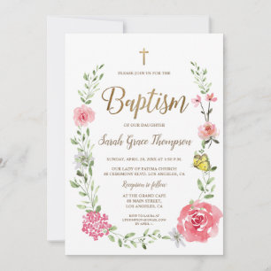 Rosa Wasserfarbe-Blumen-Taufe Goldkreuz Schrift Einladung