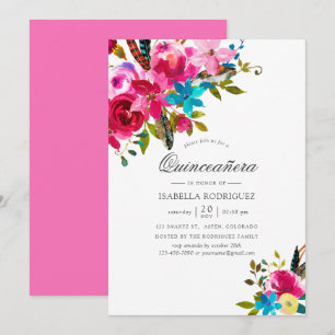 Rosa Wasserfarbe Boho Chic Floral Quinceañera Einladung