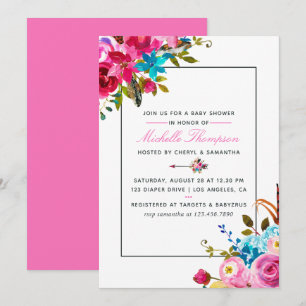 Rosa Wasserfarbe Boho Chic Florales Babyshower Einladung