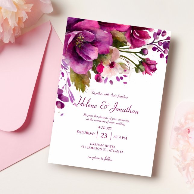 Rosa Wasserfarbe Botanische Moderne Elegante Hochz Einladung (Pink Watercolor Botanical Modern Elegant Wedding Invitation)