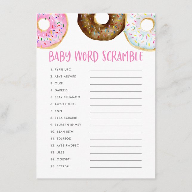 Rosa Wasserfarbe Donuts Kinderdusche Word Scramble Begleitkarte (Vorderseite)