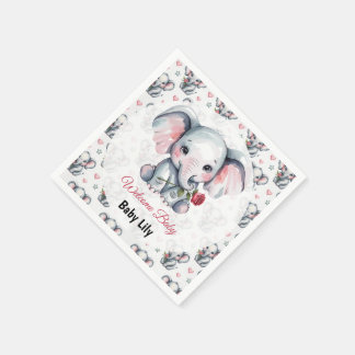 Rosa Wasserfarbe-Elefanten-Baby-Party Serviette