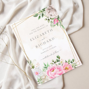 Rosa Wasserfarbe Floral Gold Geometrische Hochzeit Save The Date