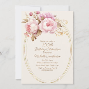 Rosa Wasserfarbe Floral Goldrahmen 100. Geburtstag Einladung
