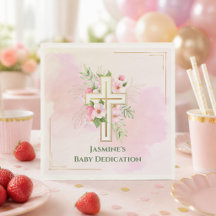 Rosa Wasserfarbe Florales Kreuz Baby-Taufe Name