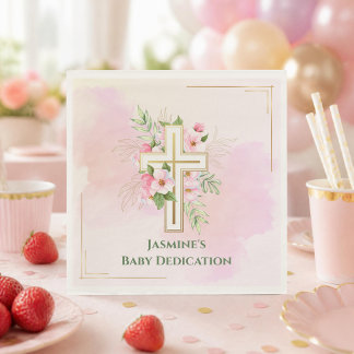 Rosa Wasserfarbe Florales Kreuz Baby-Taufe Name Serviette