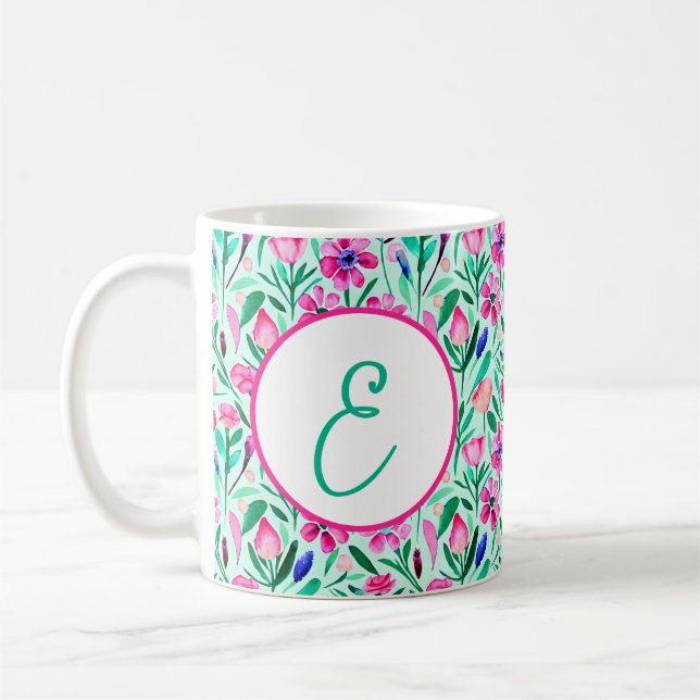 Rosa Wasserfarbe Frühlingsblumen-Monogramm Kaffeetasse (Links)