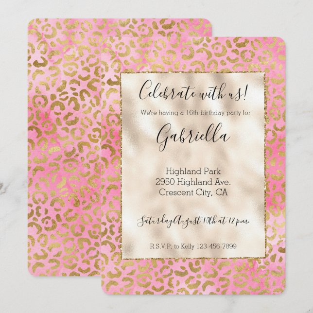 Rosa Wasserfarbe Gold Leopard Print Einladung (Vorne/Hinten)