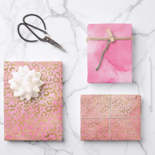 Rosa Wasserfarbe Gold Leopard Print Geschenkpapier Set (Vorderseite)