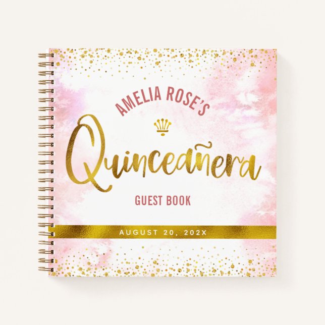 Rosa Wasserfarbe Gold Quinceñera Gästebuch Notizbuch (Vorderseite)