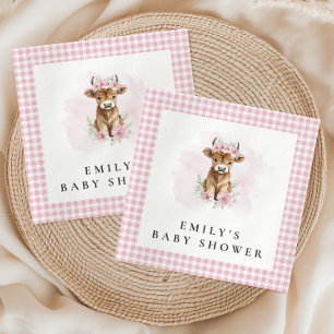 Rosa Wasserfarbe Highland-Kuh-Mädchen-Baby-Party Serviette