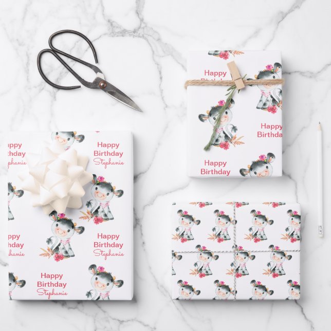 Rosa Wasserfarbe Kleine Kuh Geschenkpapier Set (Vorderseite)