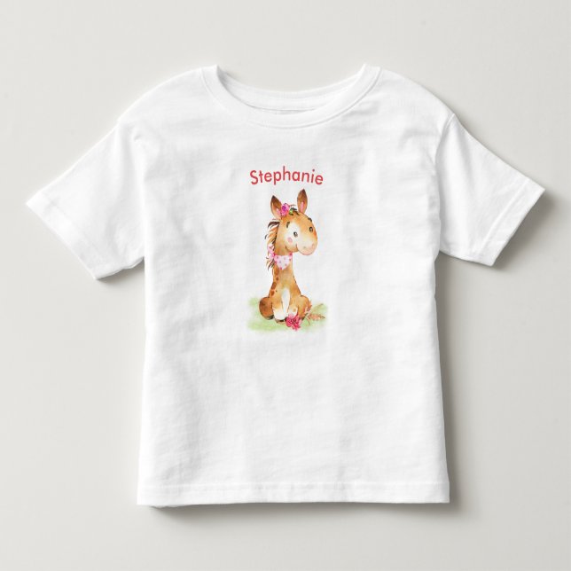 Rosa Wasserfarbe Kleines Pferd Kleinkind T-shirt (Vorderseite)