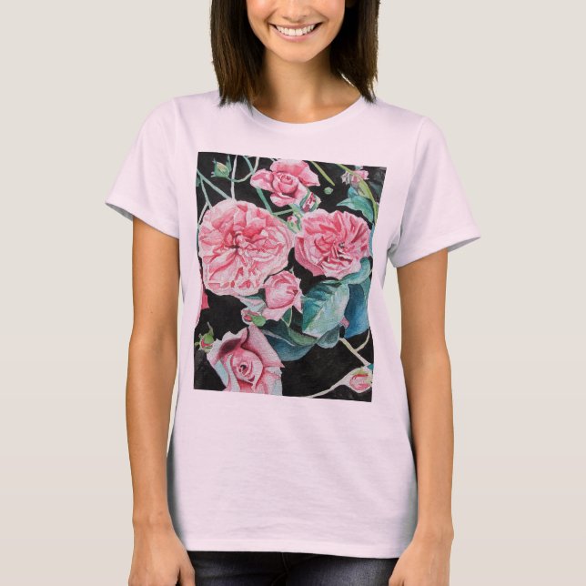 Rosa Wasserfarbe Kohl Viktorianische Rose T-Shirt (Vorderseite)