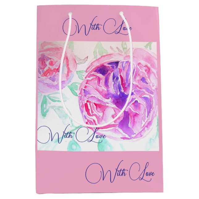 Rosa Wasserfarbe Lilac Rose Blume Bläserfarben Mittlere Geschenktüte (Vorderseite)