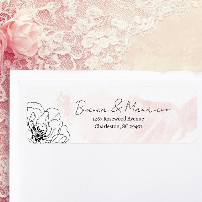 Rosa Wasserfarbe mit schwarzer floraler Rücksendea (Blush Watercolor with Black Floral Return Address Label)
