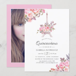 Rosa Wasserfarbe Paris Quinceañera Foto Einladung