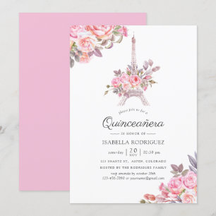 Rosa Wasserfarbe Paris Thema Quinceañera Einladung