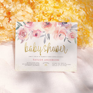 Rosa Wasserfarbe-Rosen Chic Gold Schrift Baby Show Einladungspostkarte