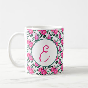 Rosa Wasserfarbe Rosen Muster Monogramm Kaffeetasse