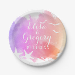 Rosa Wasserfarbe, Seesternstrand Sommerhochzeit Pappteller