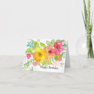 rosa Wasserfarbe-Stift und Tinte florale Geburtsta Dankeskarte