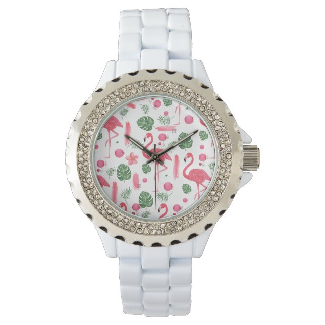 Rosa Wasserfarbe, tropisch flamingo Armbanduhr (Vorderseite)