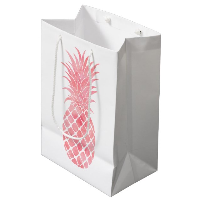 Rosa Wasserfarbe Tropische Ananas Mittlere Geschenktüte (Vorderseite Schrägansicht)