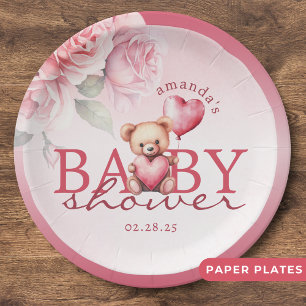 Rosa Wasserfarbe-Valentinstag-Teddybär-Baby-Party Pappteller
