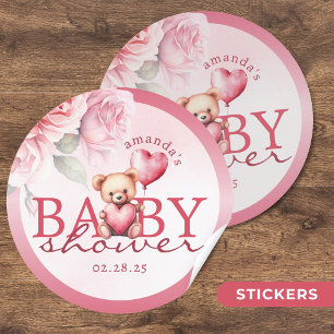 Rosa Wasserfarbe-Valentinstag-Teddybär-Baby-Party Runder Aufkleber