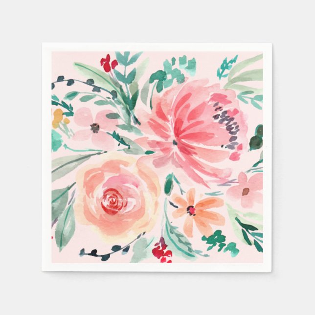 Rosa Wasserfarben-Blumen-Braut-Party Serviette (Vorderseite)
