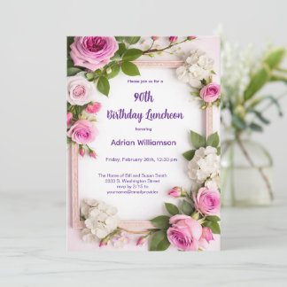Rosa Wasserfarben-Blumen-Einladung zum 90. Geburts Einladung
