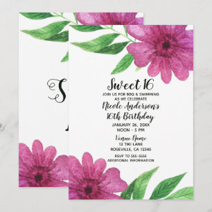 Rosa Wasserfarben-Blumen Floral Pop Sweet 16 Party Einladung