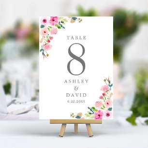 Rosa Wasserfarben-Blumen-Hochzeit Tischnummer