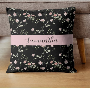 Rosa Wasserfarben-Blumen-Name Schwarz  Kissen