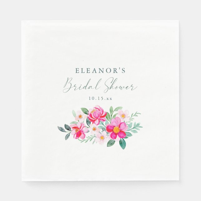 Rosa Wasserfarben-Blumen-Script Hochzeitsshower Serviette (Vorderseite)