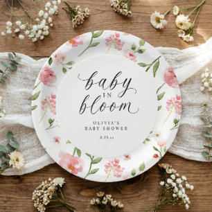 Rosa Wasserfarben-Blumengarten-Baby-in-Bloom-Party Pappteller