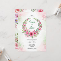 Rosa Wasserfarben-Blumenkranz-Hochzeitseinladung