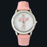 Rosa Wasserfarben Blumenkreuz Erste Heilige Kommun Armbanduhr<br><div class="desc">Die Kinderuhr ist mit einem blühenden Wasserfarbenkreuz in Rosa,  Gelb und Korallen mit grünen Blätter und Zweigen ausgestattet. Ein süßes Geschenk für eine Erste Kommunion. Für Anfragen über kundenspezifische Designänderungen des unabhängigen Designers senden Sie bitte eine E-Mail an paula@labellarue.com BEVOR Sie Ihre Bestellung anpassen oder anpassen.</div>
