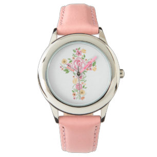Rosa Wasserfarben Blumenkreuz Erste Heilige Kommun Armbanduhr