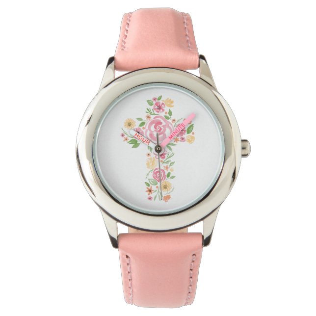 Rosa Wasserfarben Blumenkreuz Erste Heilige Kommun Armbanduhr (Vorderseite)