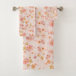 Rosa Wasserfarben-Blumenmuster Badhandtuch Set