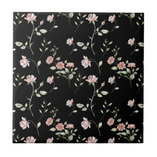 Rosa Wasserfarben-Blumenmuster Schwarz Fliese