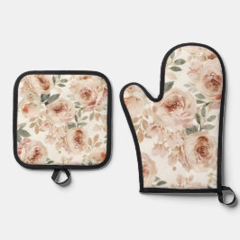 Rosa Wasserfarben-Blumenprint Botanisch Ofenhandschuh & Topflappen-Set