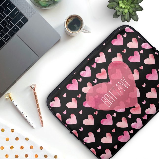 Rosa Wasserfarben Gemusterte Herzschlösser Laptopschutzhülle (Heart Pattern Laptop Sleeve with custom name (add your own name to the heart))