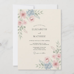 Rosa Wasserfarben-Hochzeit mit Blumen Einladung